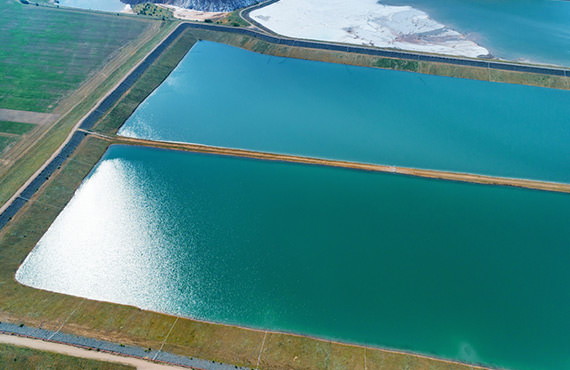 Evaporation ponds contain ore rich brine pumped from injection wells.